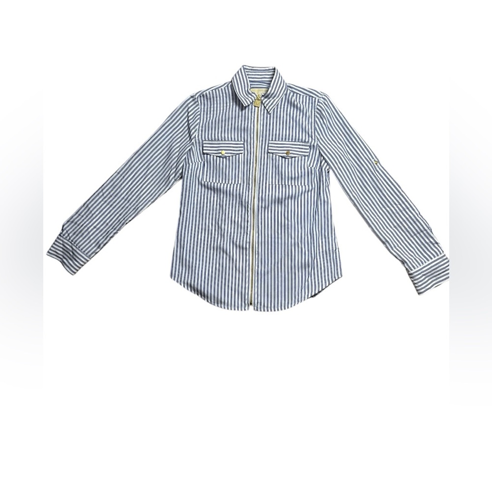 Michael Kors Blue & White Striped Long Sleeve Zip up collared blouse Size: Xs